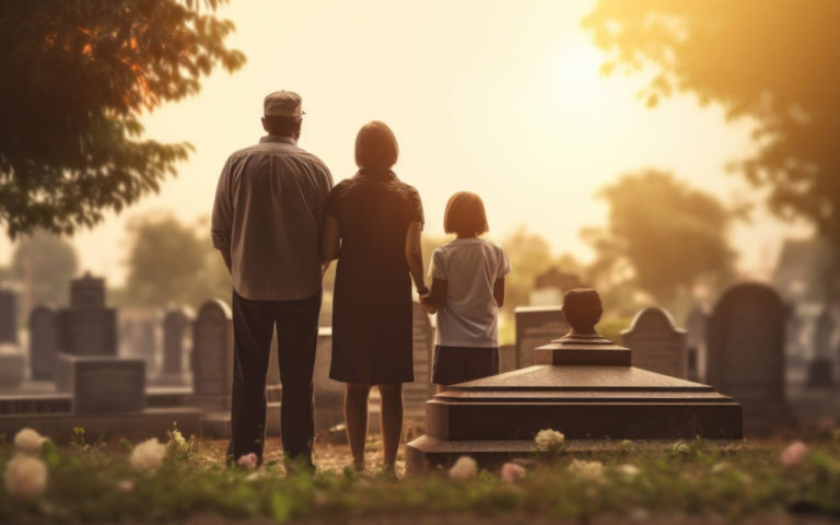 family standing at grave site